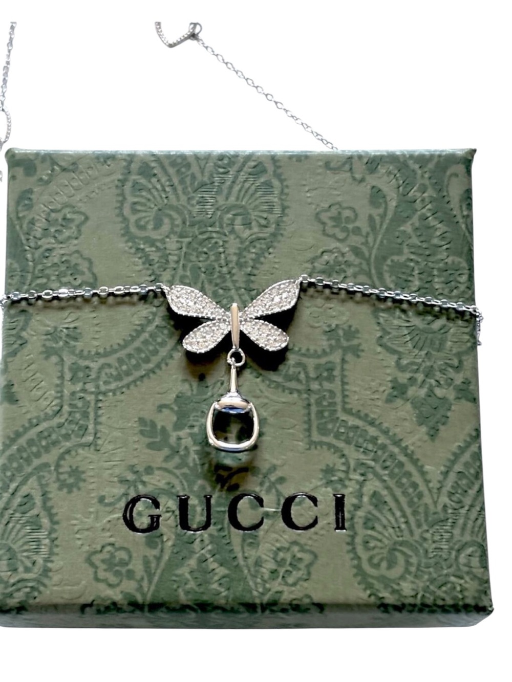 NWT Gucci 925 Sterling Silver Butterfly Horsebit Pendant Necklace Women